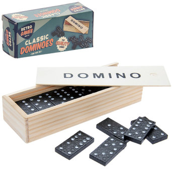 Ja wedstrijd smaak Retro spel Domino Veel plezier met dit leuke Domino retro spel! Introduceer  dit leuke strategische spel bij de jongsten! Plezier voor jong en oud!  Vanaf ongeveer 7 jaar. Materiaal: Hout - zwartwitshop