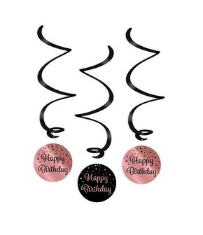 Slinger verjaardag Swirl decorations roze/zwart - Happy birthday