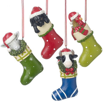 Dieren in sok Kerstbal /&nbsp;&nbsp;Koe, Schaap, Hond, Kip in laars en met Kerstmuts.