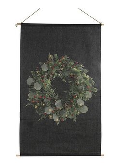 Wanddoek zwart kerstkrans met LED 110 x 66cm Countryfield