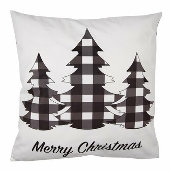 Kussenhoes wit zwart Kerstbomen geblokt Merry Christmas 45x45