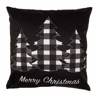 Kussenhoes wit zwart Kerstbomen geblokt Merry Christmas 45x45