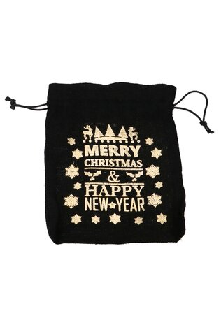 Luxe Kerstzak Jute Merry Christmas Zwart 25x32cm