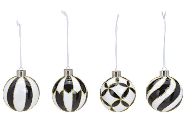 Kerstballen set 4 zwart wit goud