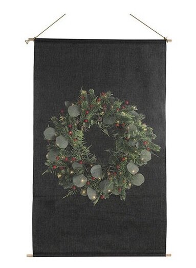 Wanddoek zwart kerstkrans met LED 110 x 66cm Countryfield