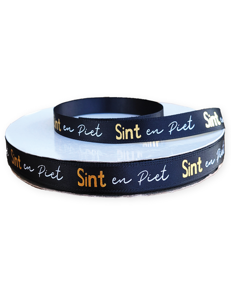 Sint Satijn lint 12 mm x 2 meter - Sint en Piet zwart/wit/goud