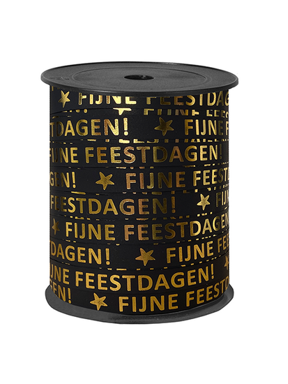 Kerst cadeaulint - Fijne Feestdagen 10mmx1m, Zwart/Goud