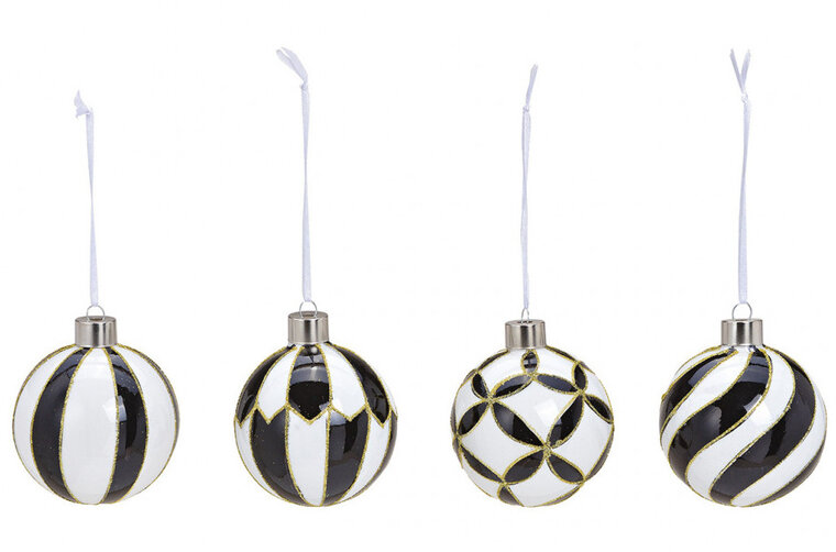 Kerstballen set 4 of 12 zwart wit goud