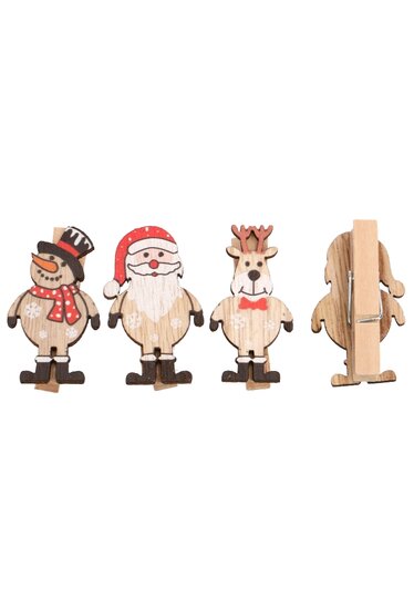 Knijpers, Kerstman,Rendier,Sneeuwman 2.3x4.4cm.set 6