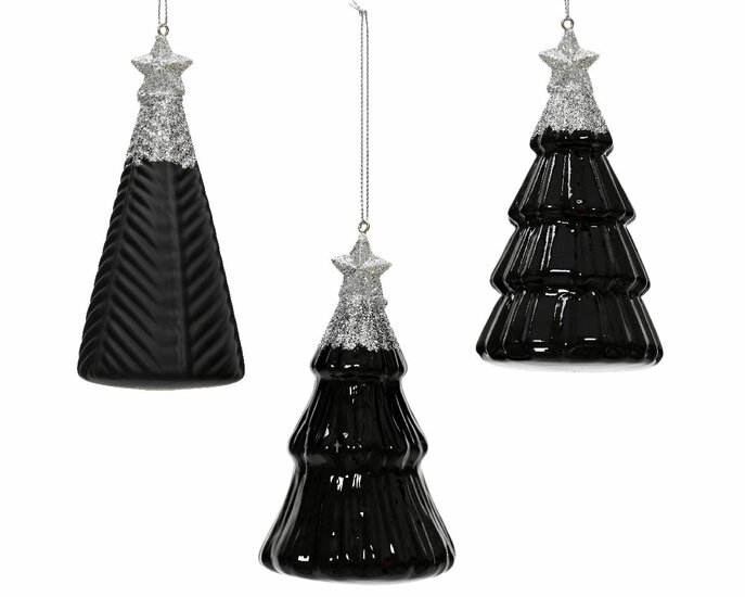  Kerstballen set 3 Kerstbomen zwart H12,6cm 